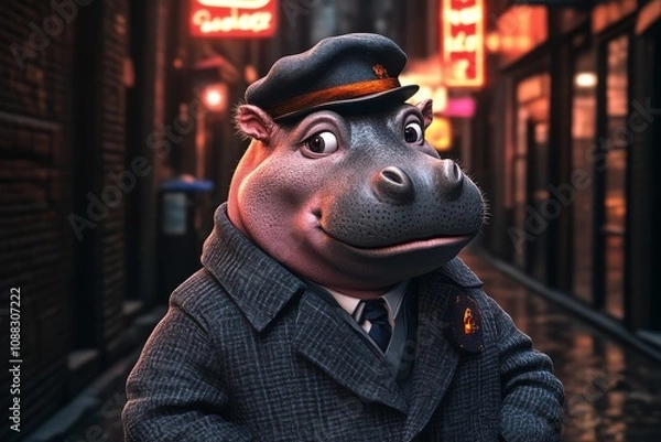 Obraz A cartoon-style hippo in a uniform stands confidently in a dimly lit alley, showcasing a blend of charm and authority amid neon lights.