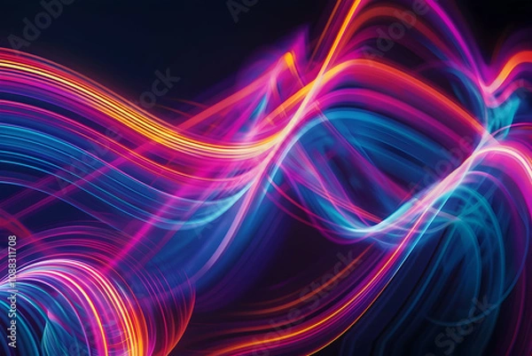 Fototapeta Dynamic neon light streaks flowing on a black backdrop, creating vibrant motion.