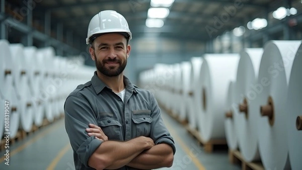 Fototapeta Happy and confident industrial male worker inside of a warehouse with pulp of paper rolls lined up in rows in a mill factory.