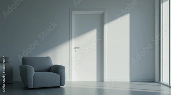 Fototapeta Contemporary minimalist interior showcasing a white door, grey armchair, and grey sofa with soft natural light streaming in through large windows.