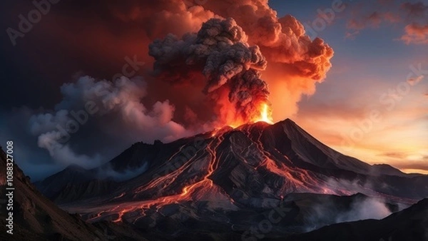 Fototapeta A spectacular view of a volcano erupting at dusk, with molten lava pouring down the mountainside and shooting smoke and