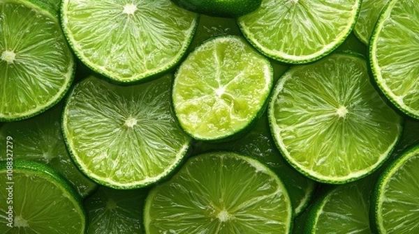 Fototapeta Fresh lime slices arranged on a vibrant green background, highlighting the concept of nutritious eating and the freshness of citrus fruits.