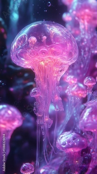 Fototapeta Pulsating jellyfish and glowing flora, alien environment, neon fantasy wilderness