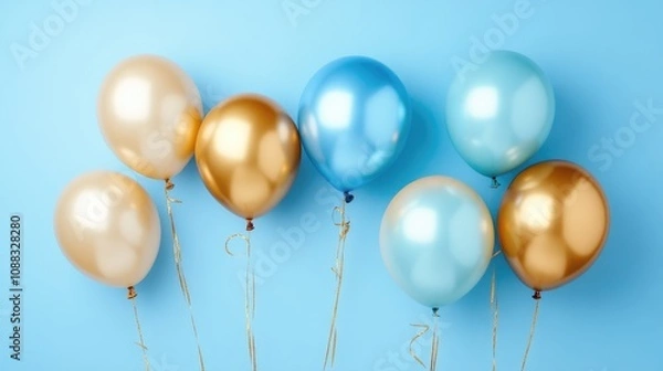Fototapeta Colorful blue and gold foil balloons arranged against a soft pastel blue backdrop, creating a vibrant and festive atmosphere with space for text.