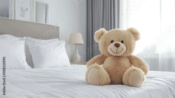 Obraz Soft teddy bear plush toy sitting on a neatly made bed in a modern, airy bedroom with soft lighting and minimalist decor, creating a cozy and inviting atmosphere.