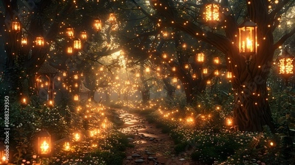 Fototapeta Summer Solstice in a Magical Enchanted Forest adorned with Lanterns and Flowers background backdrop video