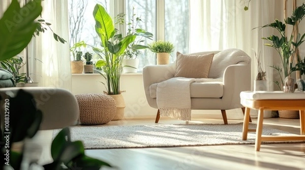 Fototapeta Bright living room with cozy seating and decorative plants, showcasing a clean carpet and natural light streaming through large windows.