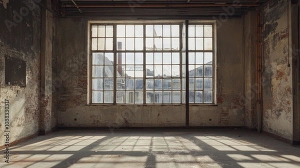 Fototapeta Abandoned room interior showcasing a large industrial-style window with broken panes and distressed walls, allowing soft natural light to create striking shadows.