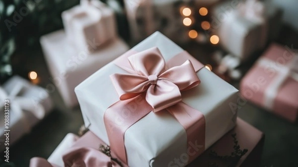 Fototapeta A beautifully wrapped gift adorned with a large satin bow, surrounded by more elegantly packaged gifts, set against a softly blurred background for a festive and inviting ambiance.