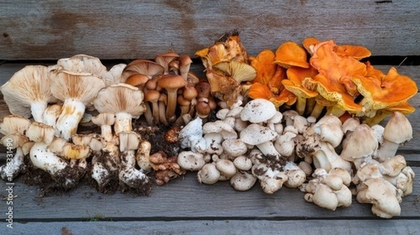 Fototapeta Diverse assortment of colorful mushrooms growing on decaying wood, showcasing textures and vibrant hues in a natural setting.