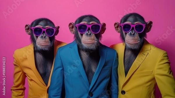 Fototapeta Charming trio of chimpanzees in vibrant suits and oversized sunglasses posing against a vivid pink backdrop, exuding a playful and trendy atmosphere.