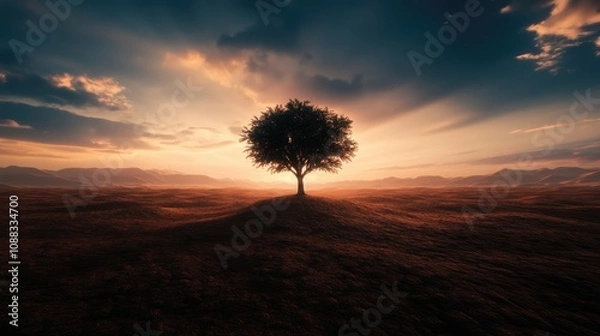 Fototapeta Unique solitary tree silhouetted against a dramatic sunset in a vast, tranquil desert landscape with distant mountains and soft, colorful clouds.