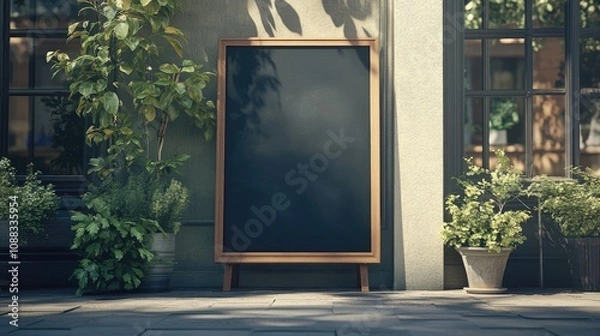 Fototapeta Outdoor cafÃ© menu board positioned at the entrance with a blank black surface, framed in wood and surrounded by lush greenery and potted plants.