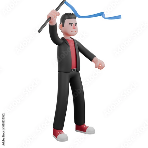 Fototapeta Dance Choreographer in 3D Illustration. A male choreographer stands holding a twirling stick in his hand with a happy expression . Performer Character