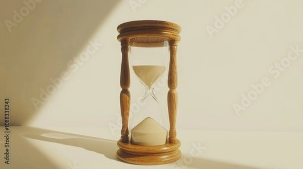 Fototapeta Elegant wooden hourglass with smooth curves, filled with fine sand, resting on a soft light background, artistically representing the passage of time.