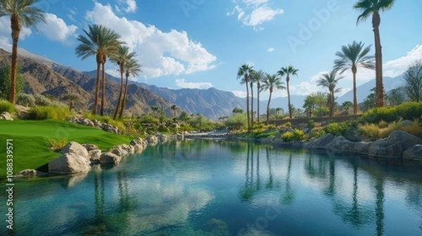 Fototapeta Tranquil desert oasis with palm trees, clear waters, rugged mountains, and a vibrant blue sky, creating a serene retreat in nature's beauty.