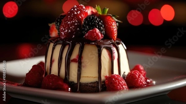 Fototapeta Decadent dessert with velvety chocolate drizzle, topped with an assortment of fresh strawberries, raspberries, and blackberries on a textured plate.