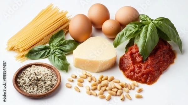 Fototapeta Fresh Italian pasta sauce ingredients including eggs, grated cheese, pine nuts, basil, herbs, and assorted pasta arranged aesthetically on a neutral background
