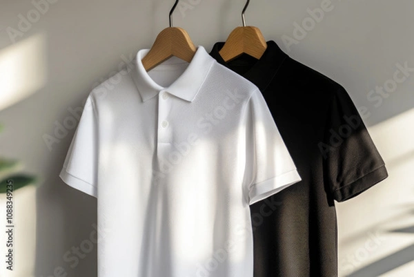 Fototapeta two plain black and white polo t-shirts for a mockup hanging on a hanger, side view.