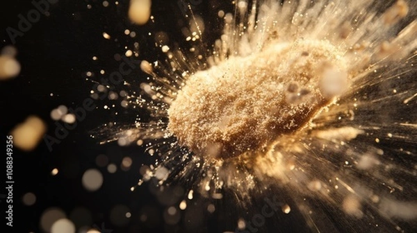 Fototapeta Close-up of a traditional German breaded cutlet exploding with breadcrumbs surrounded by a cloud of golden dust and soft bokeh background.