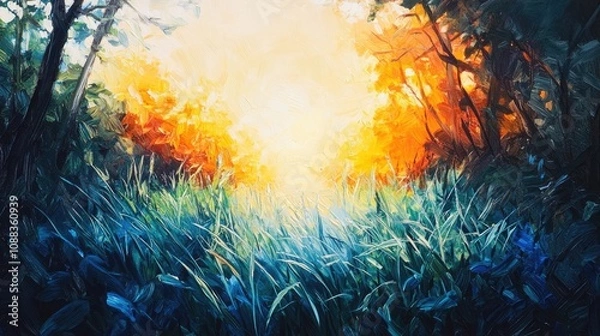 Fototapeta Vibrant Sunrise Over Dewy Grass Surrounded by Lush Greenery and Fiery Orange Light Creating a Calm Morning Atmosphere