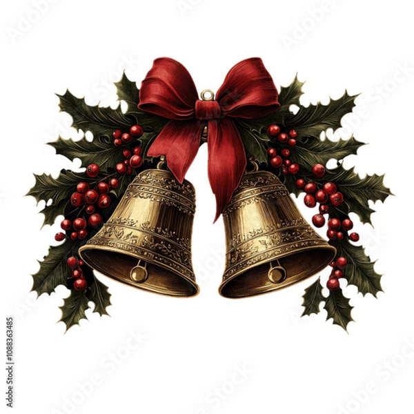 Fototapeta Two golden bells adorned with holly leaves, red berries, and festive red bows, symbolizing traditional Christmas decorations in a retro illustration style, isolated on a transparent background.
