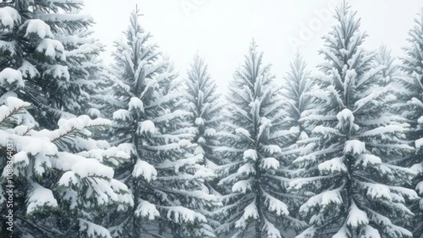 Fototapeta Snow-covered pine trees in a winter wonderland with soft, falling snowflakes, snowflakes, season
