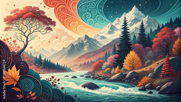 Fototapeta An abstract serene illustration of a lush, green forest reflecting on a calm lake under a vibrant autumn sky