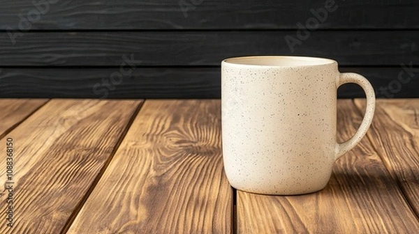 Obraz tumbler mockup and minimalist, A simple, rustic ceramic mug sits on a wooden table, showcasing its textured surface against a dark wooden backdrop.