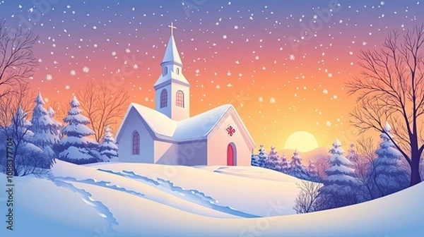 Obraz Snowy Church at Sunset with Falling Snowflakes