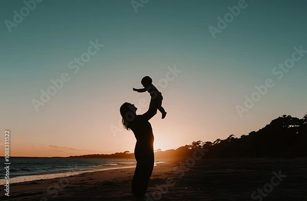 Obraz mother joyfully lifts her baby in air at sunset on serene beach, creating heartwarming silhouette against colorful sky