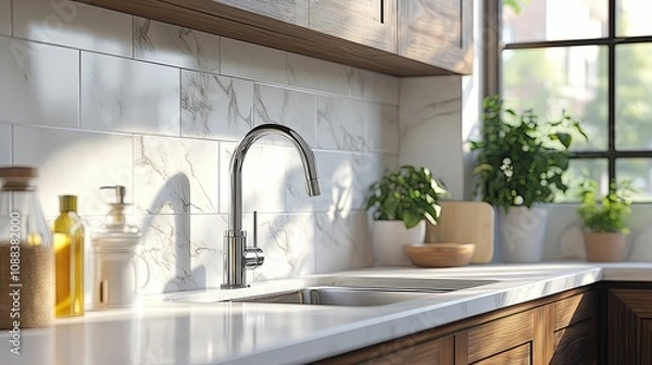 Obraz Modern Kitchen Sink and Chrome Faucet Design