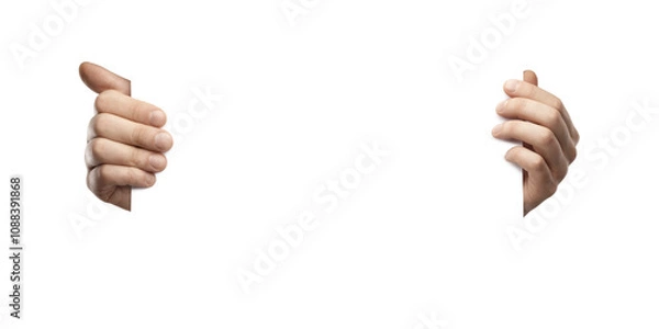 Obraz Two human hands holding the edges of a blank white surface, isolated on a clean white background. Concept for presentation, design, or advertising mockup