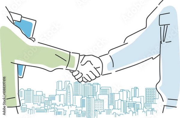 Obraz 都市を背景にした握手をする建設作業員のシンプルイラスト