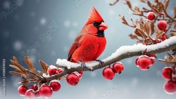 Fototapeta Winter holiday and Christmas web banner with copy space featuring a red cardinal bird perched atop a frozen tree limb with snow