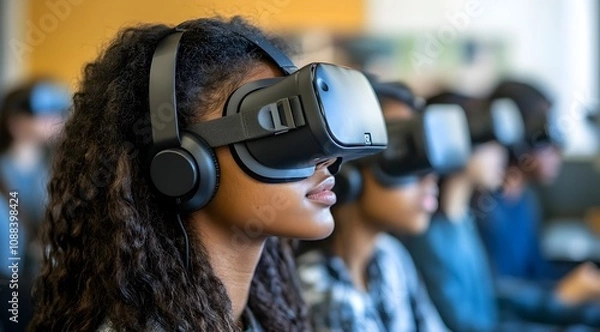 Fototapeta A group of students engaged in virtual reality experiences, wearing headsets and headphones, focused and immersed in their digital environment.