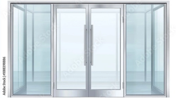 Fototapeta Modern glass door illustration with metal frames and handles on transparent background, ideal for storefronts or office concepts.