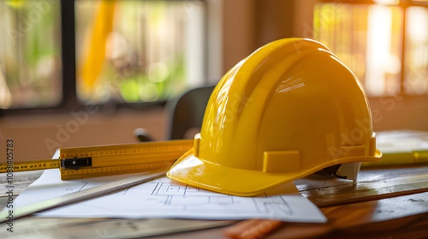 Fototapeta Yellow hard safety helmet hat and the blueprint, pen, ruler, protractor, and tape measure on the table at the construction site.for safety project of workman as engineer or worker