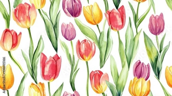 Fototapeta Vibrant seamless pattern of bright watercolor tulips perfect for spring and summer textile designs fabric wallpaper and decorative packaging