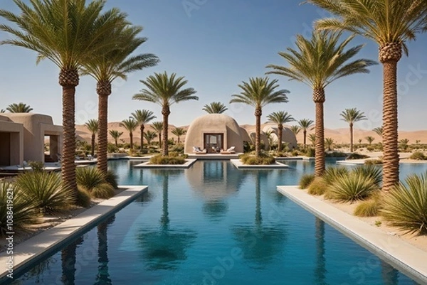 Fototapeta Luxurious Desert Oasis with Exotic Palms and Clear Waters in a Tranquil Landscape