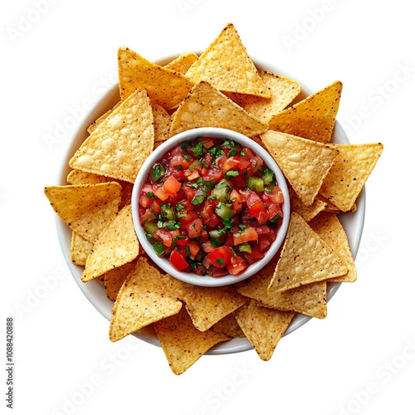 Obraz Top view of nachos chips and salsa isolated on transparent background