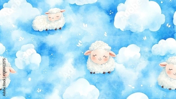 Obraz Watercolor seamless pattern featuring playful sheep and fluffy clouds on a bright background ideal for children s textiles and nursery decor