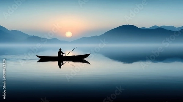 Fototapeta A lone fisherman rows across a tranquil lake at dawn, framed by misty mountains and a glowing sun, epitomizing solitude and peaceful reflection.