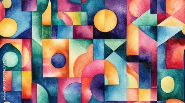 Fototapeta Watercolor seamless pattern featuring vibrant abstract geometric shapes ideal for graphic design projects contemporary art applications colorful textile design