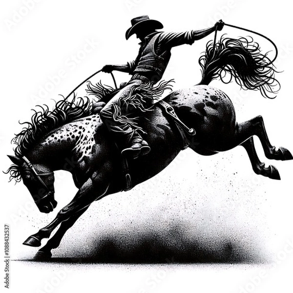 Obraz Black and white illustration of a cowboy riding a bucking bronco, dynamic action pose, dust and motion.