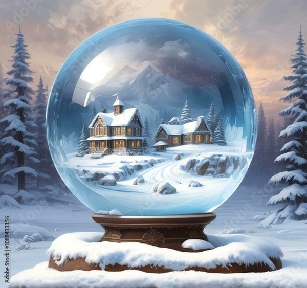 Fototapeta Illustration of winter landscape in frozen earth globe.