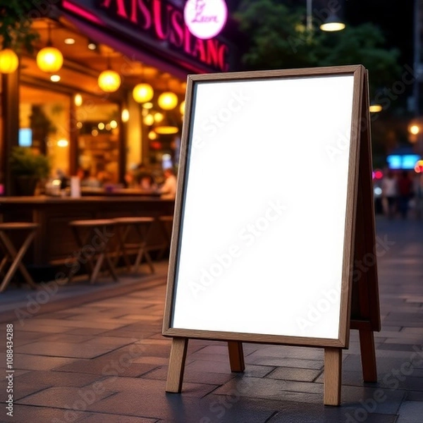 Fototapeta Cafe Exterior with Blank Billboard Sign 