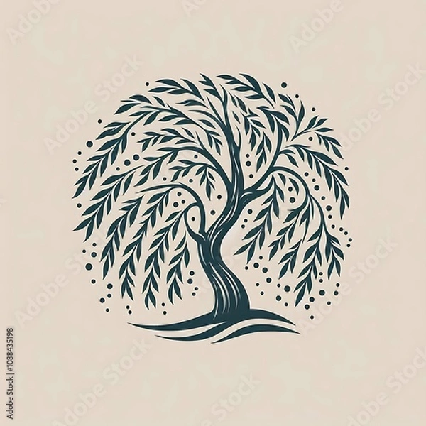 Obraz Weeping willow tree illustration, nature graphic, dark teal on beige background.