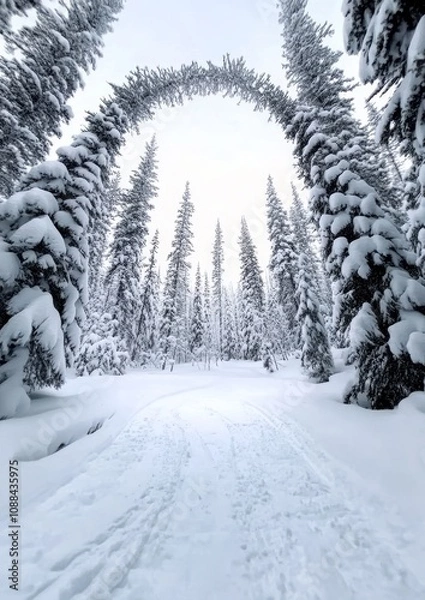 Fototapeta Phone Wallpaper Snowy Path Framed by Frost-Covered Arching Pine Trees