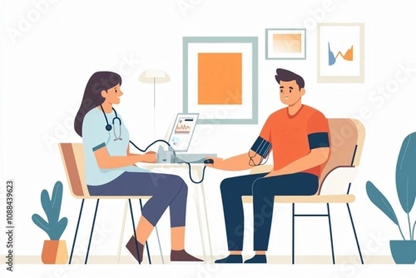 Fototapeta Illustration of a nurse checking a patient’s blood pressure in a friendly clinic environment. Flat design style highlighting primary care and health monitoring. Design for banners, posters, or healthc